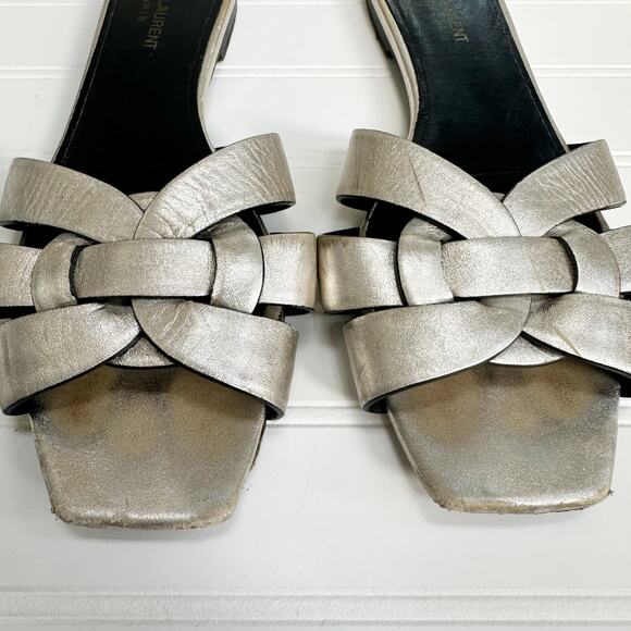 Saint Laurent Tribute Silver Metallic Leather Flat Sandals Slip-On Slides 40.5 - Picture 5 of 8